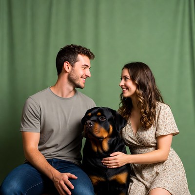 Young couple with Rottweiler dog