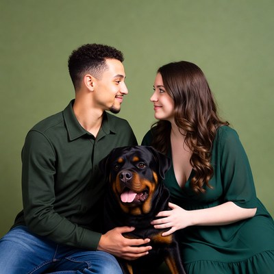 Couple with Rottweiler on green background