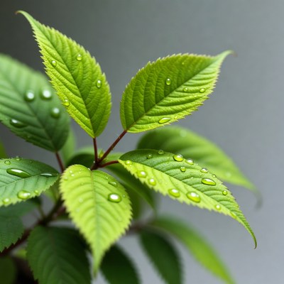 Dew-covered green leaves