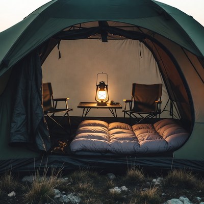 Green tent interior with lantern and chairs