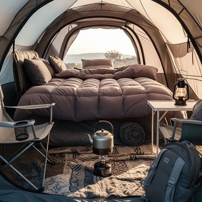 Cozy tent interior with bed and camping gear