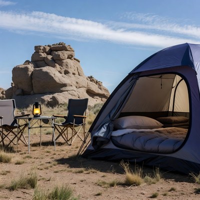 Camping tent with chairs near rock formation