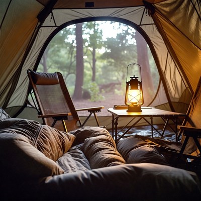 Cozy tent interior with lantern