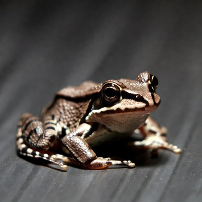 Brown tree frog on dark surface