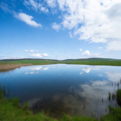 Reed-fringed pond reflecting blue sky