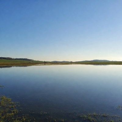 Reflective wetlands under blue sky