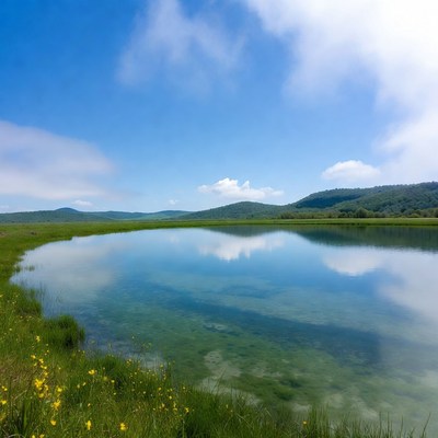 Serene Pond with Mountains and Wildflowers
