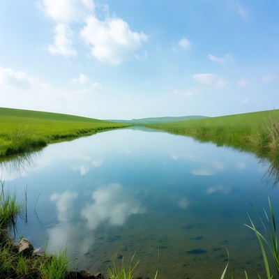 Serene green field with reflective stream