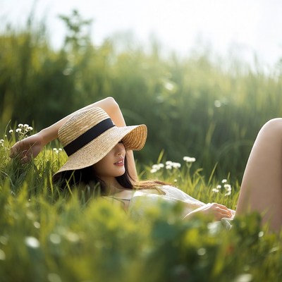Asian woman in straw hat on grass