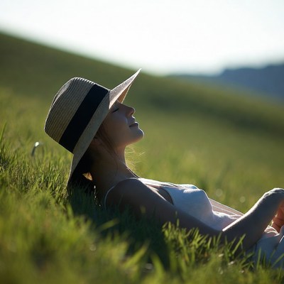 Woman lying in grass wearing straw hat