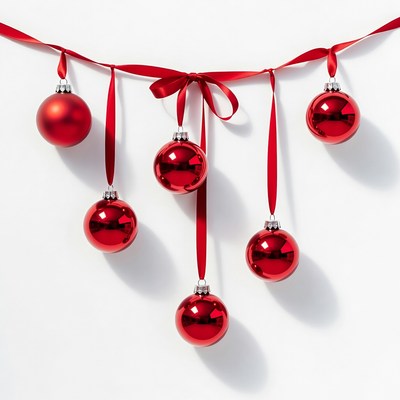 Red Christmas Ornaments Hanging on Red Ribbons