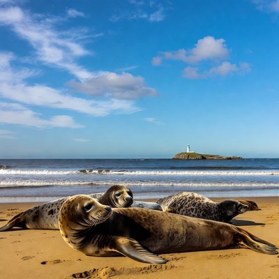 Seals lounging on beach near lighthouse