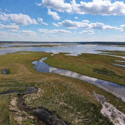 Vast Marshland with Channels and Blue Sky
