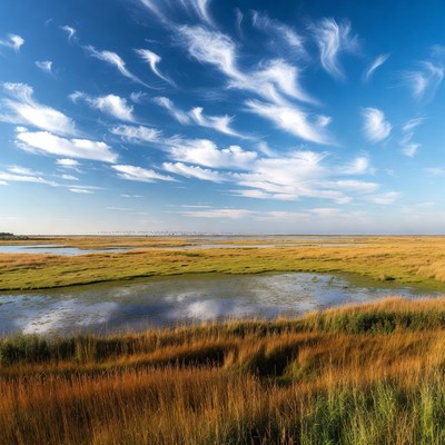 Vast Marshland with Cirrus Clouds