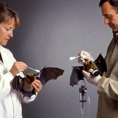 Scientists Handling Baby Bats with Swabs