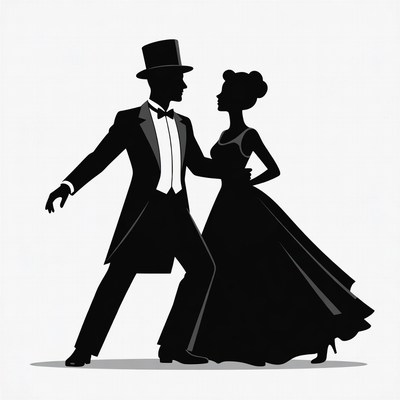 Silhouette couple dancing in tuxedo and gown