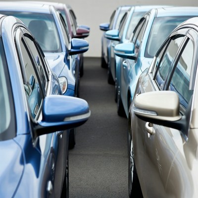 Row of Blue Cars Parked