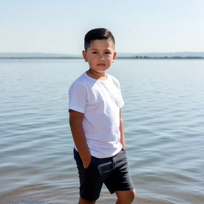 Young boy standing by lake