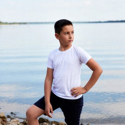 Boy posing by lake shore
