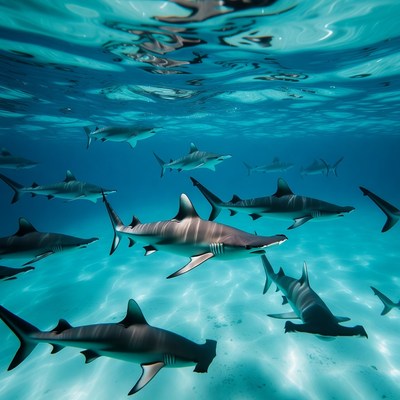 School of Hammerhead Sharks Underwater