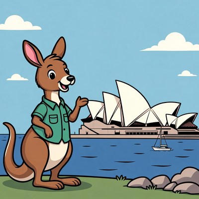 Cartoon kangaroo pointing at Sydney Opera House
