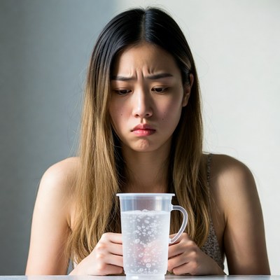 Asian woman holding glass of water