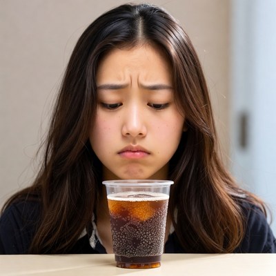 Sad Asian woman drinking cola