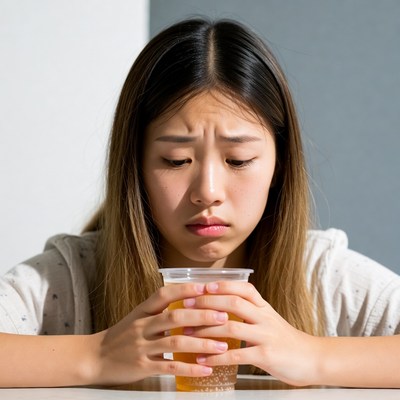 Asian woman holding plastic cup sadly