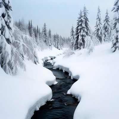 Snowy Stream in Winter Forest