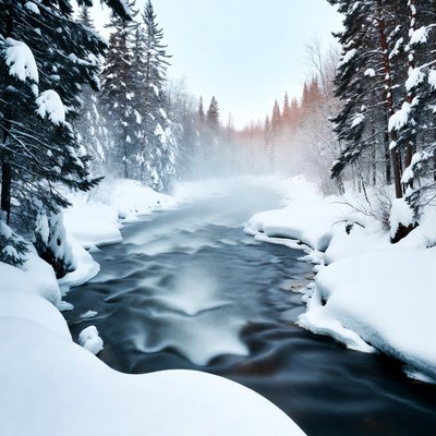 Snowy Forest River Flowing