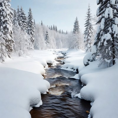 Snowy Stream in Winter Forest