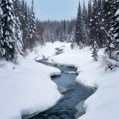 Snowy River Winding Through Pine Forest
