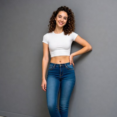 Smiling woman with curly hair against gray wall
