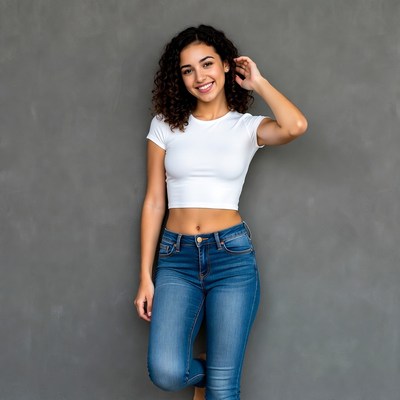 Smiling curly-haired woman in white crop top