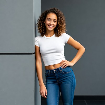 Smiling mixed-race girl leaning against gray wall