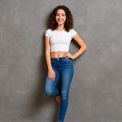 Smiling curly-haired girl in white crop top
