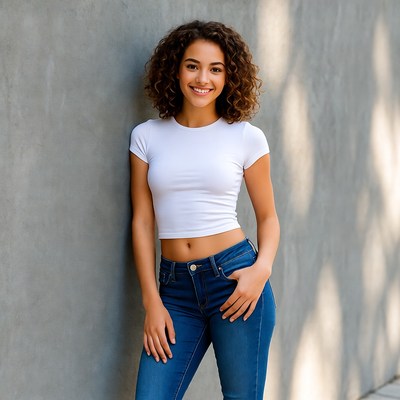 Smiling curly-haired woman against concrete wall