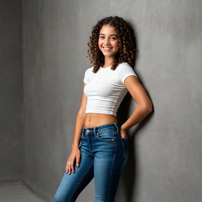 Smiling curly-haired girl against gray wall