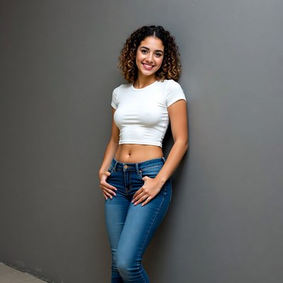 Smiling curly-haired woman in white crop top