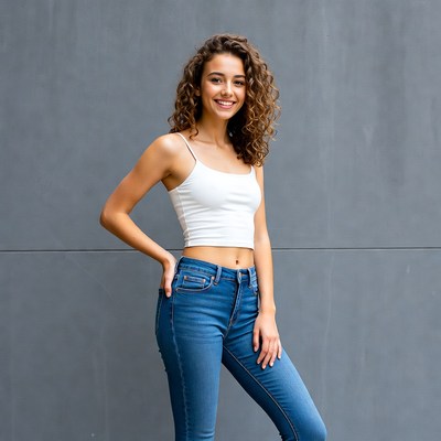 Smiling woman in white tank top and jeans