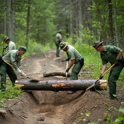 Forest service workers clearing trail log
