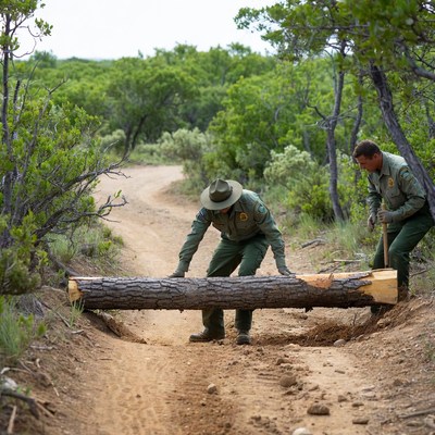 Park rangers clearing log trail