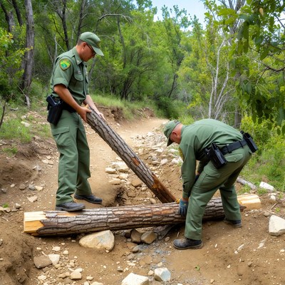 Park rangers moving log trail