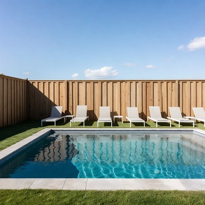 Small Pool with Loungers and Wooden Fence