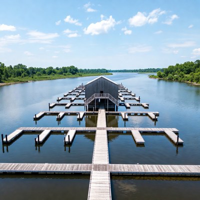 Wooden Dock Leading to Boathouse on River