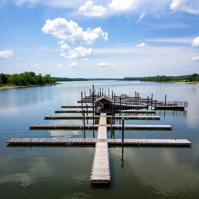 Wooden docks on calm river