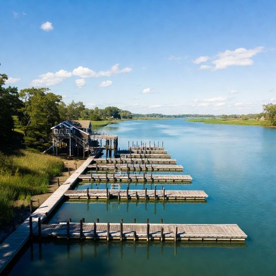 Wooden Docks on Calm River