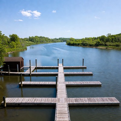 Wooden docks on serene river