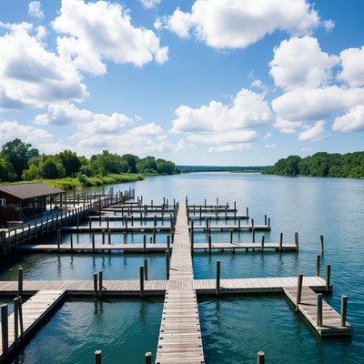 Wooden Docks Extending into Calm River