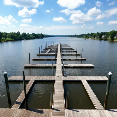 Wooden boat docks on river